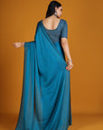 Turquoise Blue Chiffon Satin Embroidered Saree