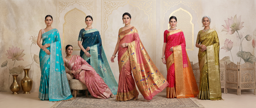 Five women in traditional sarees standing in a row against a decorative wall.