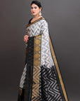 White and Grey Ikat Soft Silk Handwoven Kanjivaram Saree