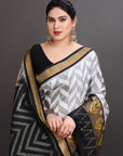 White and Grey Ikat Soft Silk Handwoven Kanjivaram Saree