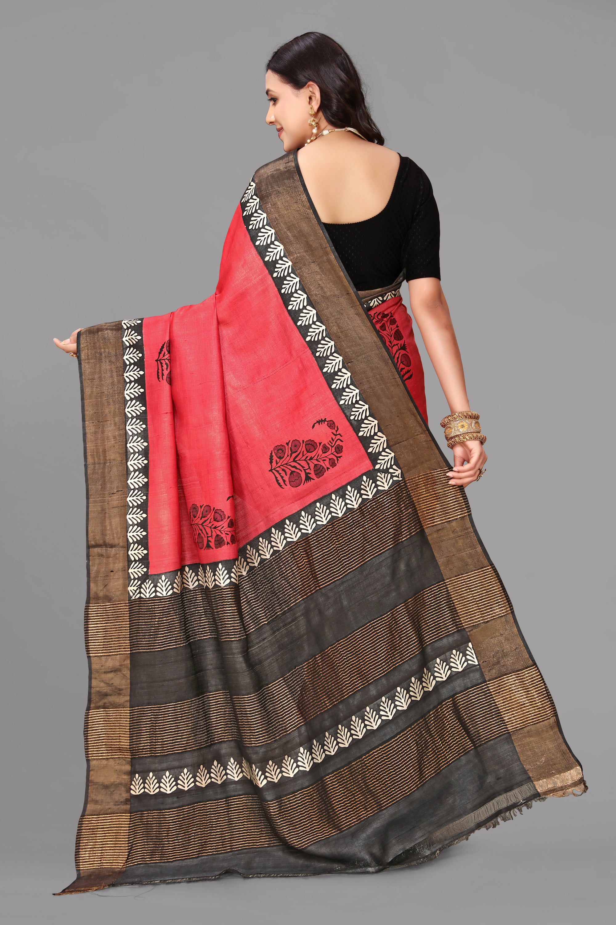 Rust red tussar silk printed saree