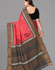Rust red tussar silk printed saree