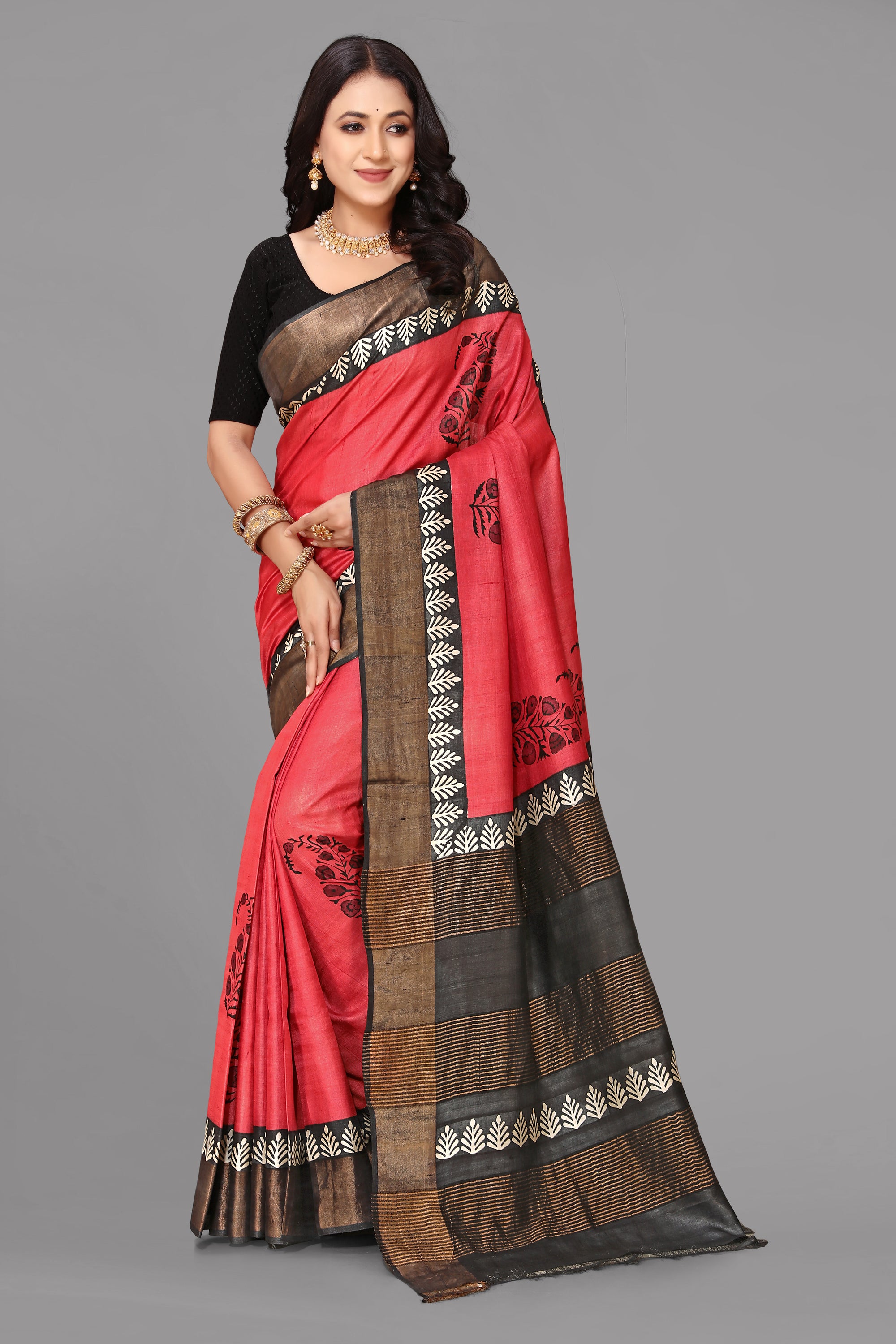 Rust red tussar silk printed saree