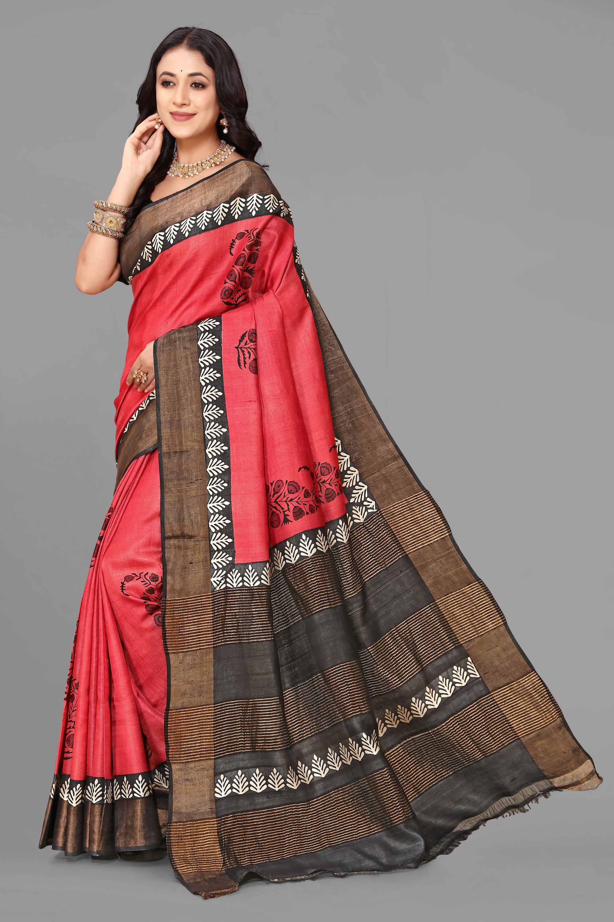 Rust red tussar silk printed saree