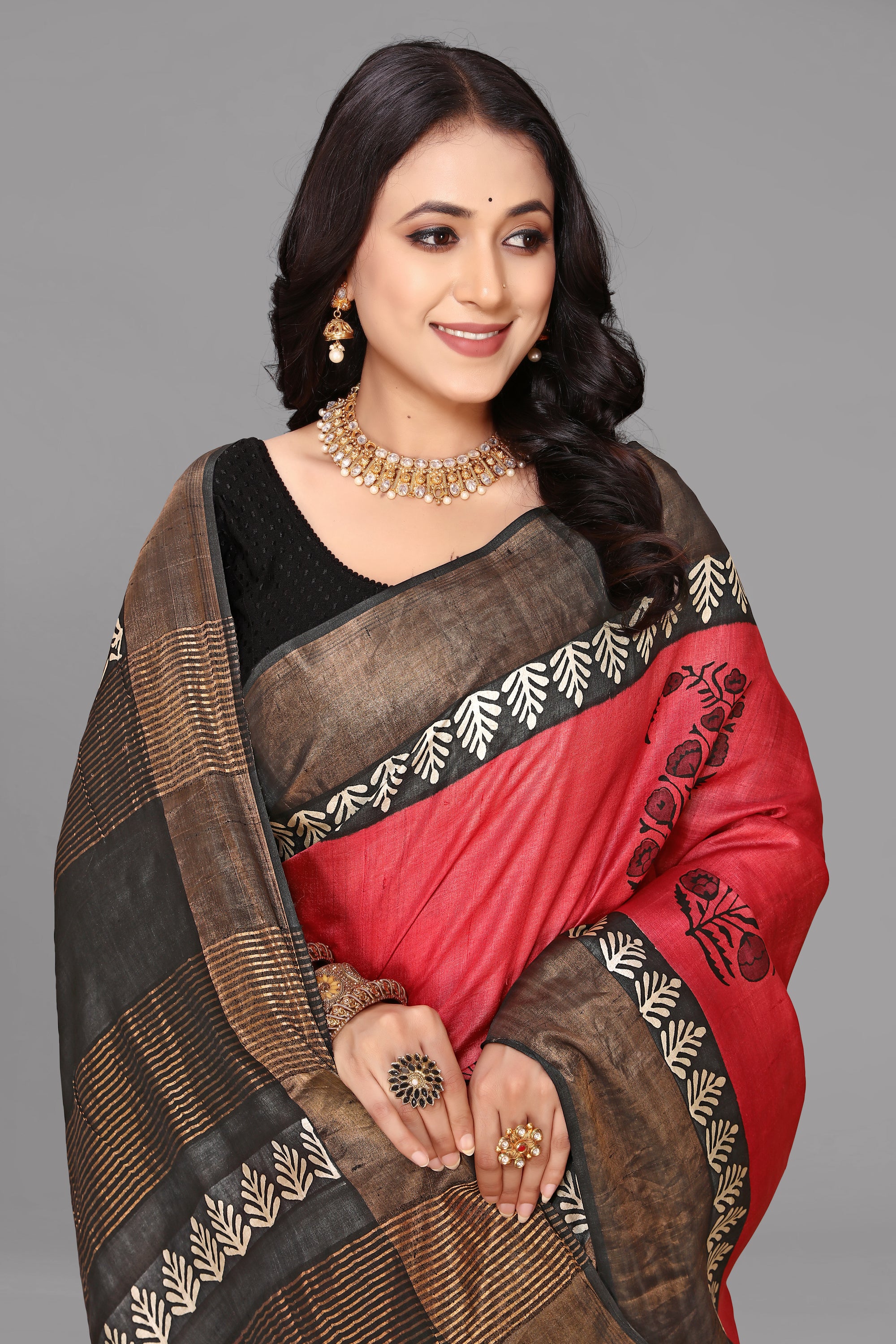 Rust red tussar silk printed saree