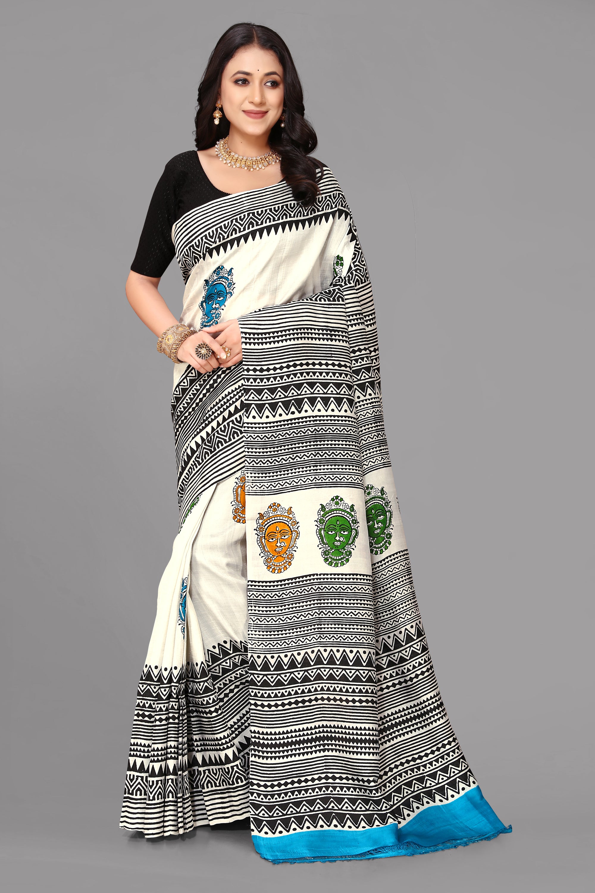 Cream by black skirt border printed silk saree