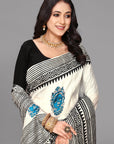 Cream by black skirt border printed silk saree