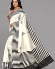 Cream by black stripe border printed silk saree