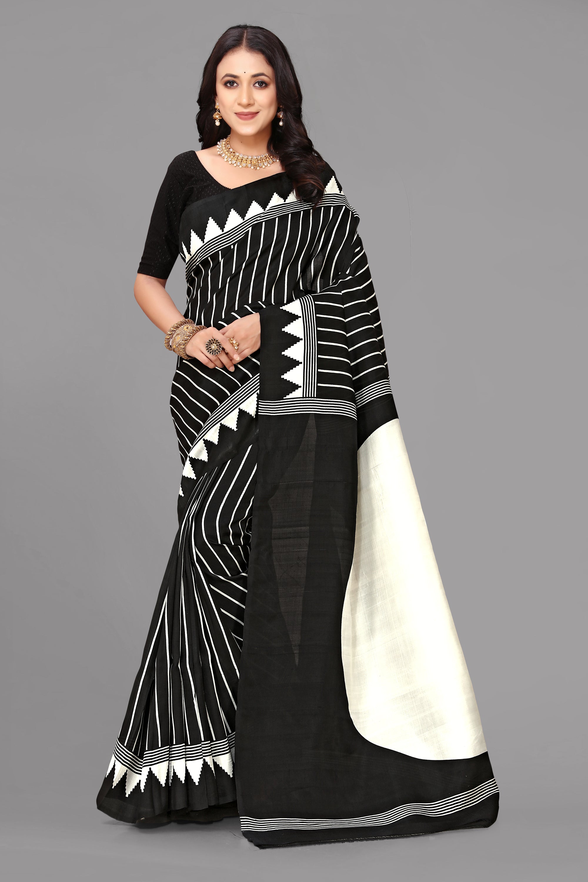 Black self stripe printed silk saree