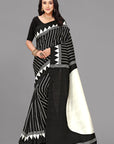 Black self stripe printed silk saree