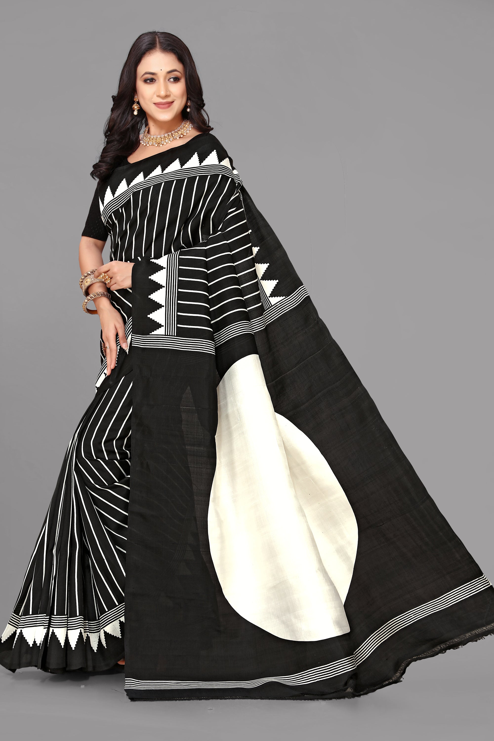 Black self stripe printed silk saree