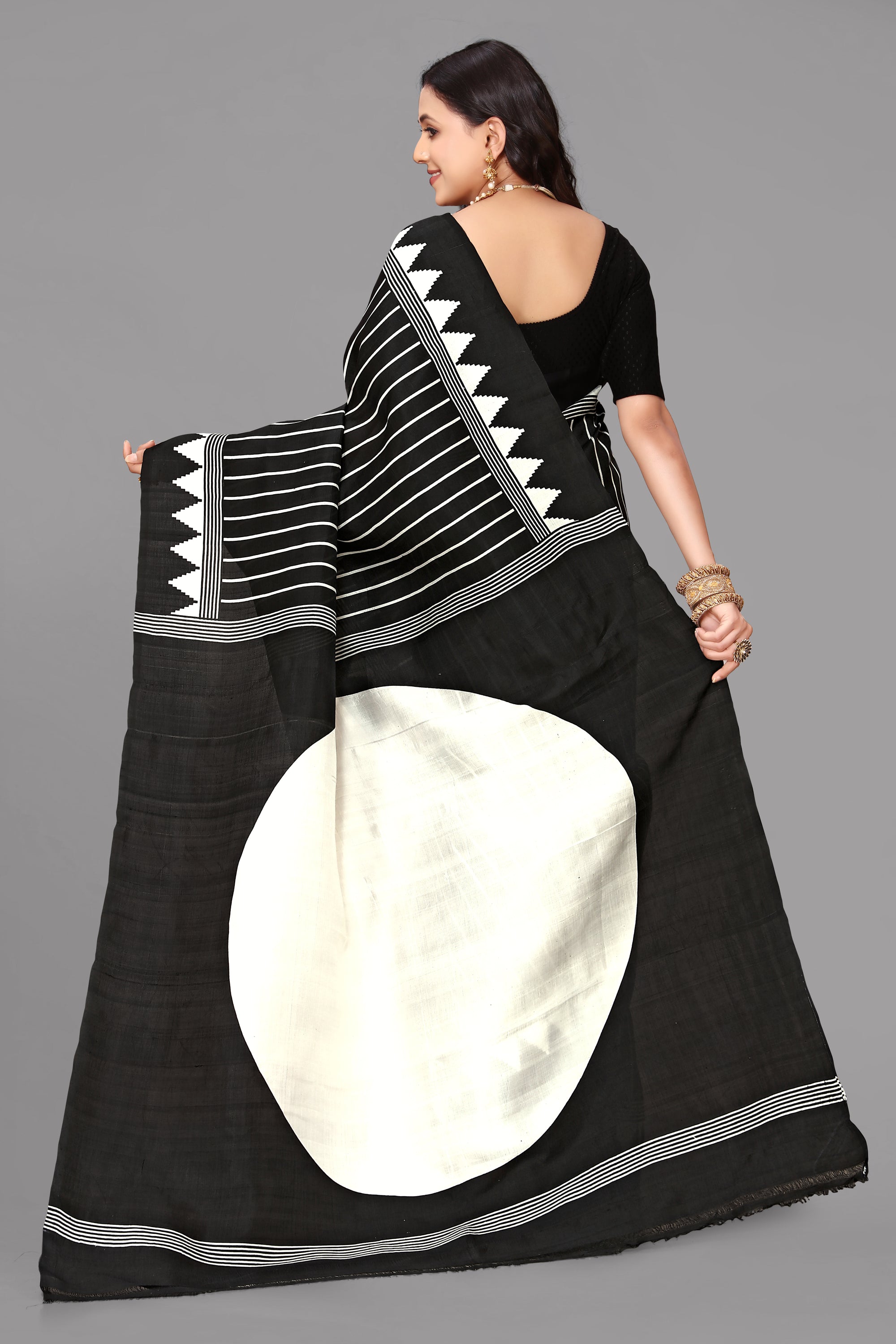 Black self stripe printed silk saree