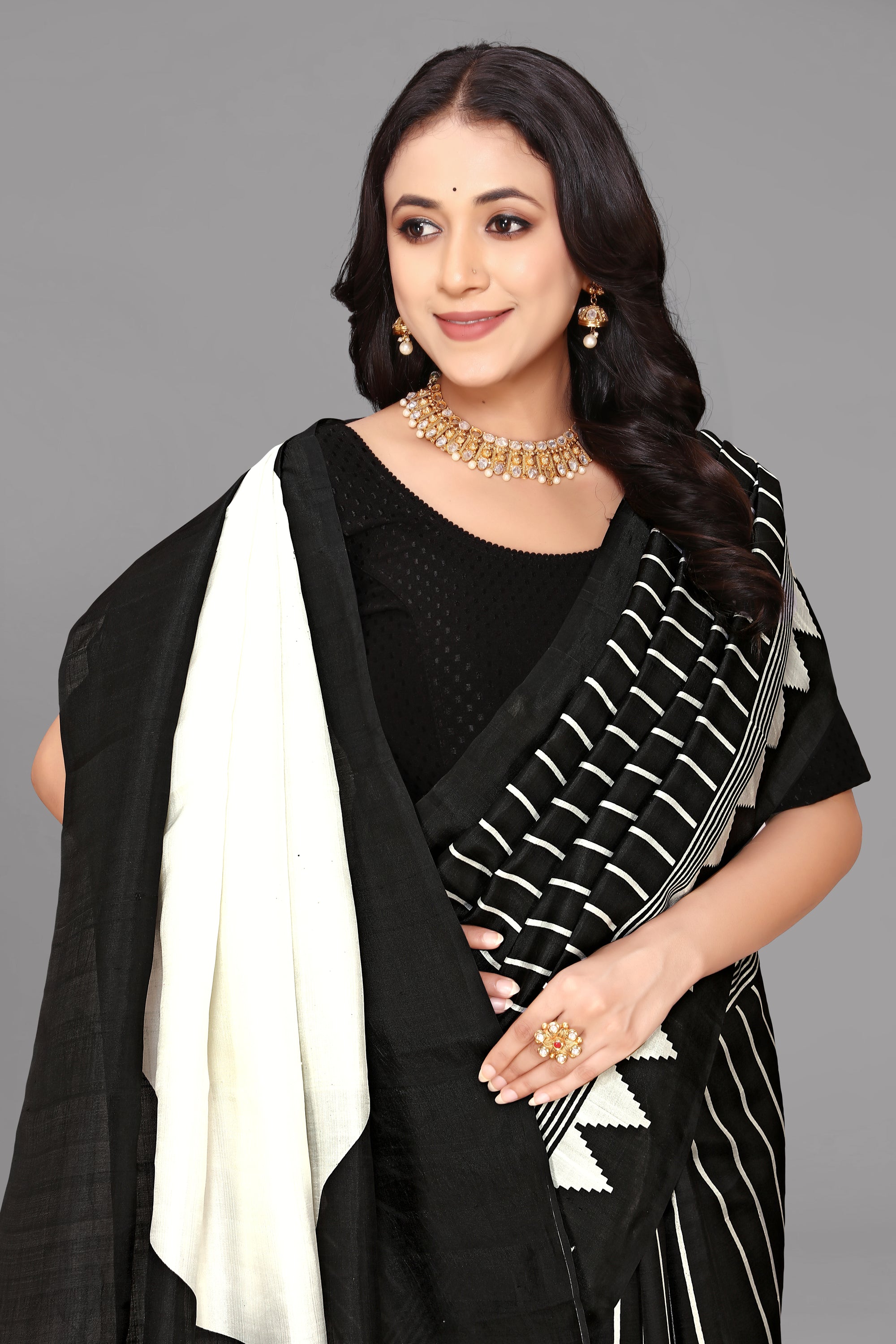 Black self stripe printed silk saree