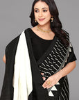 Black self stripe printed silk saree