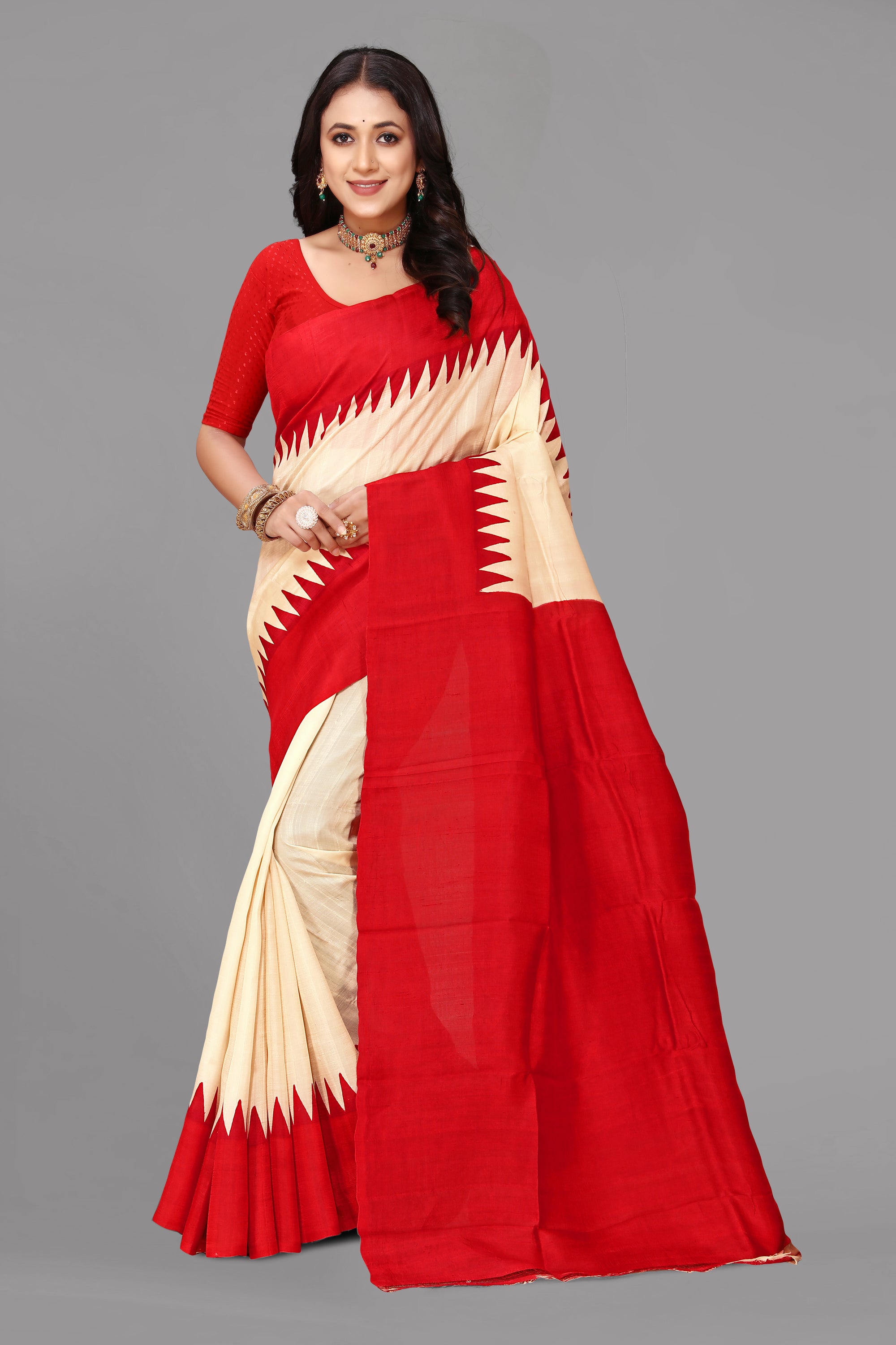 Cream by red temple border printed silk saree