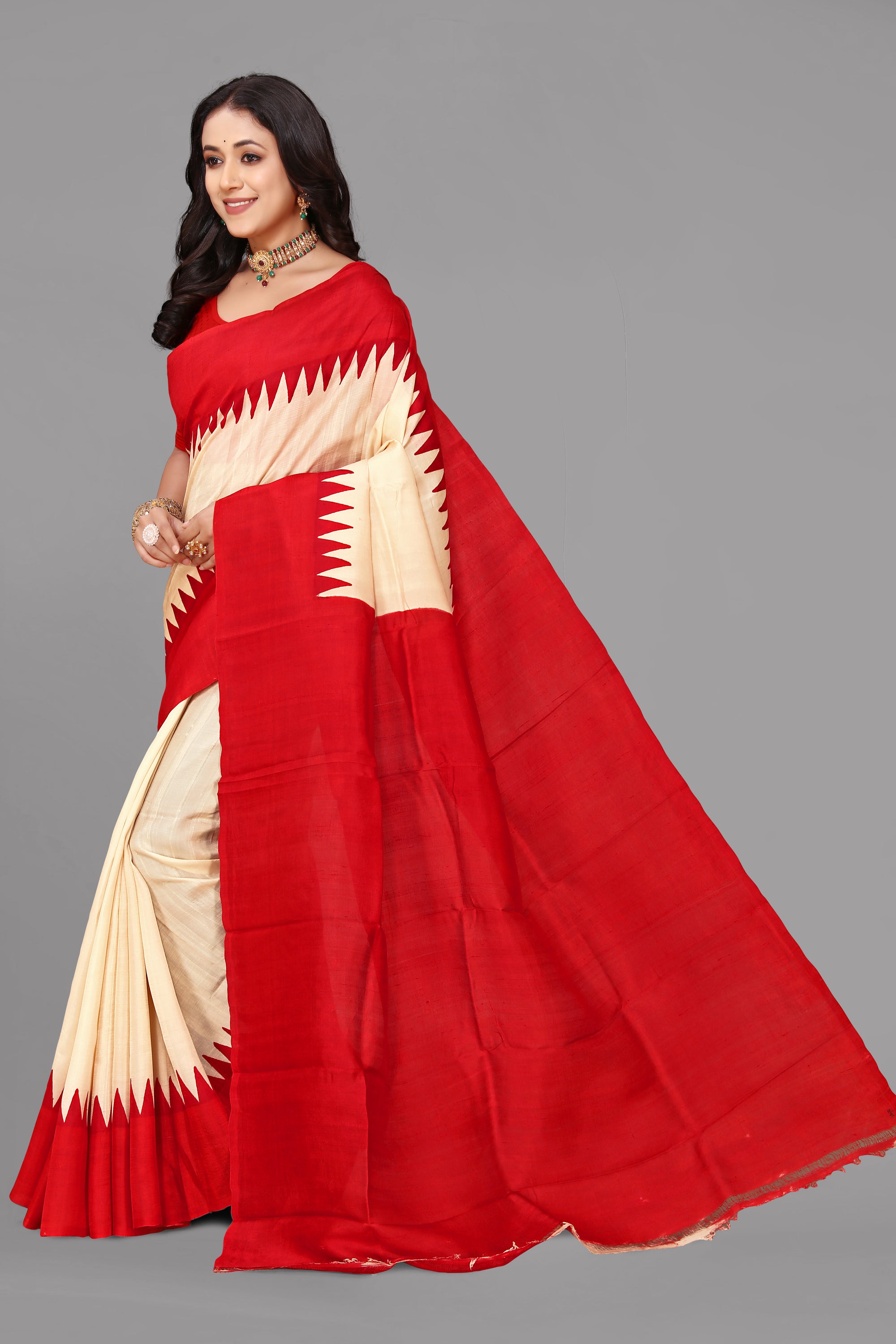 Cream by red temple border printed silk saree