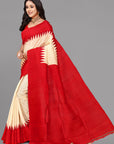 Cream by red temple border printed silk saree