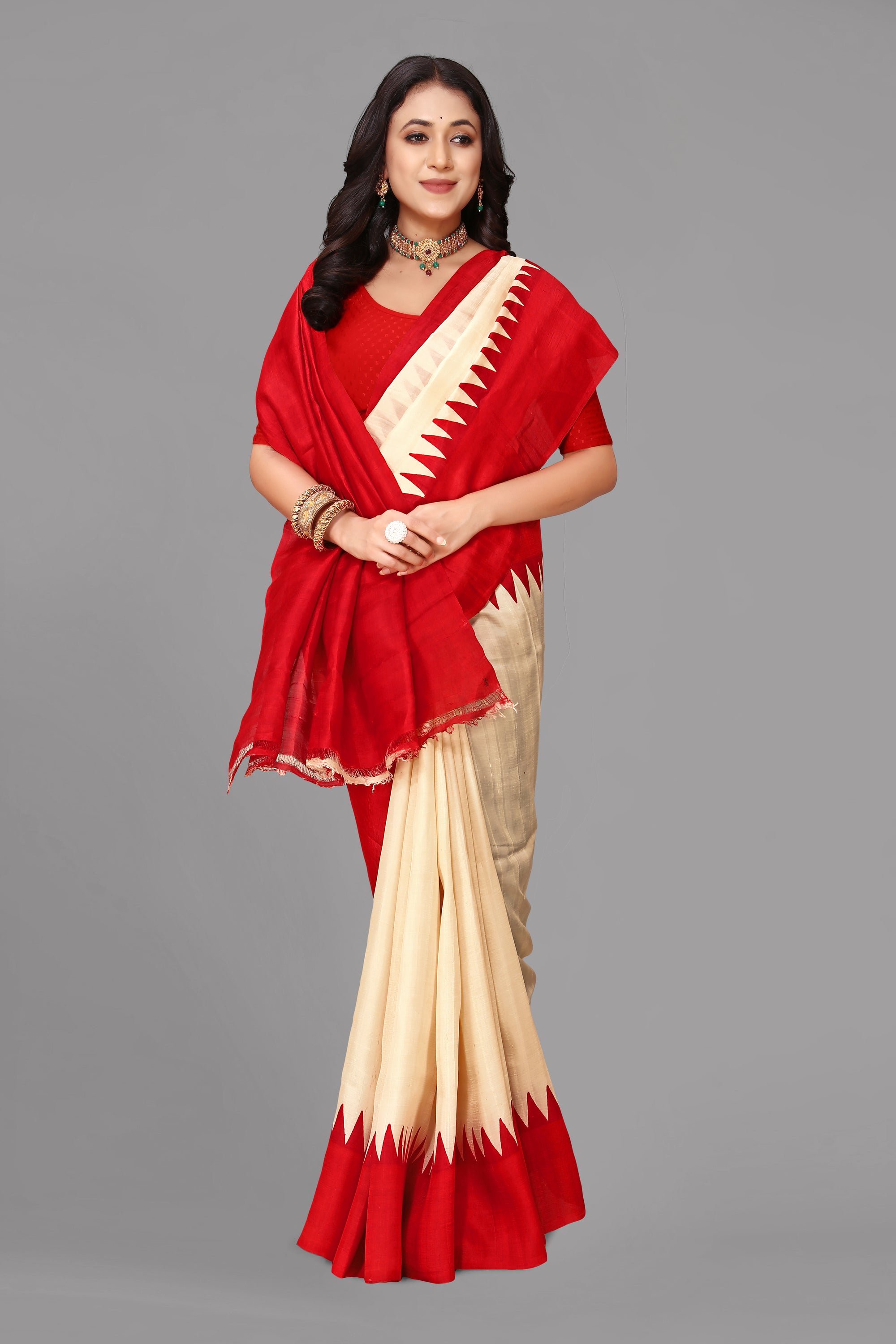 Cream by red temple border printed silk saree