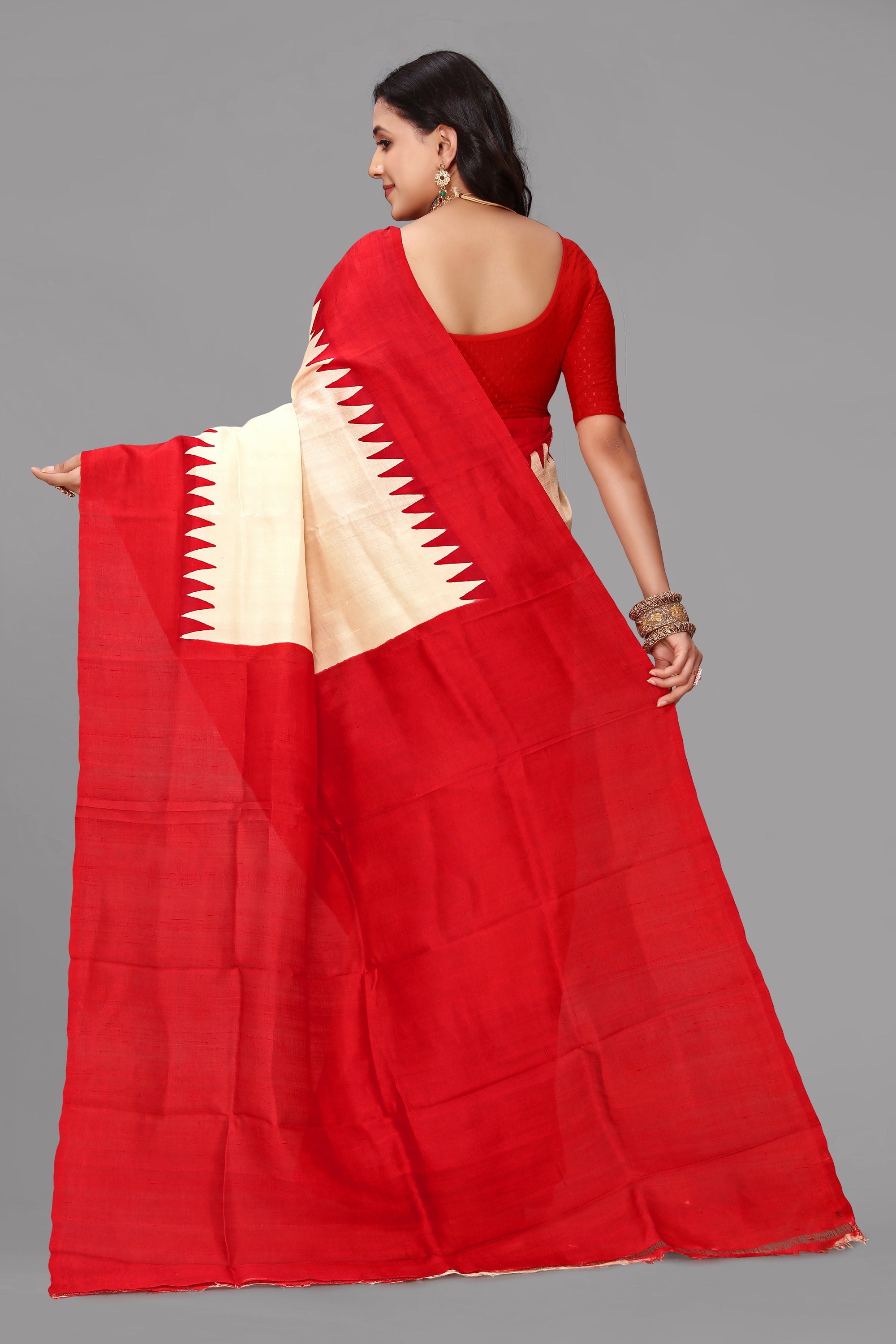 Cream by red temple border printed silk saree