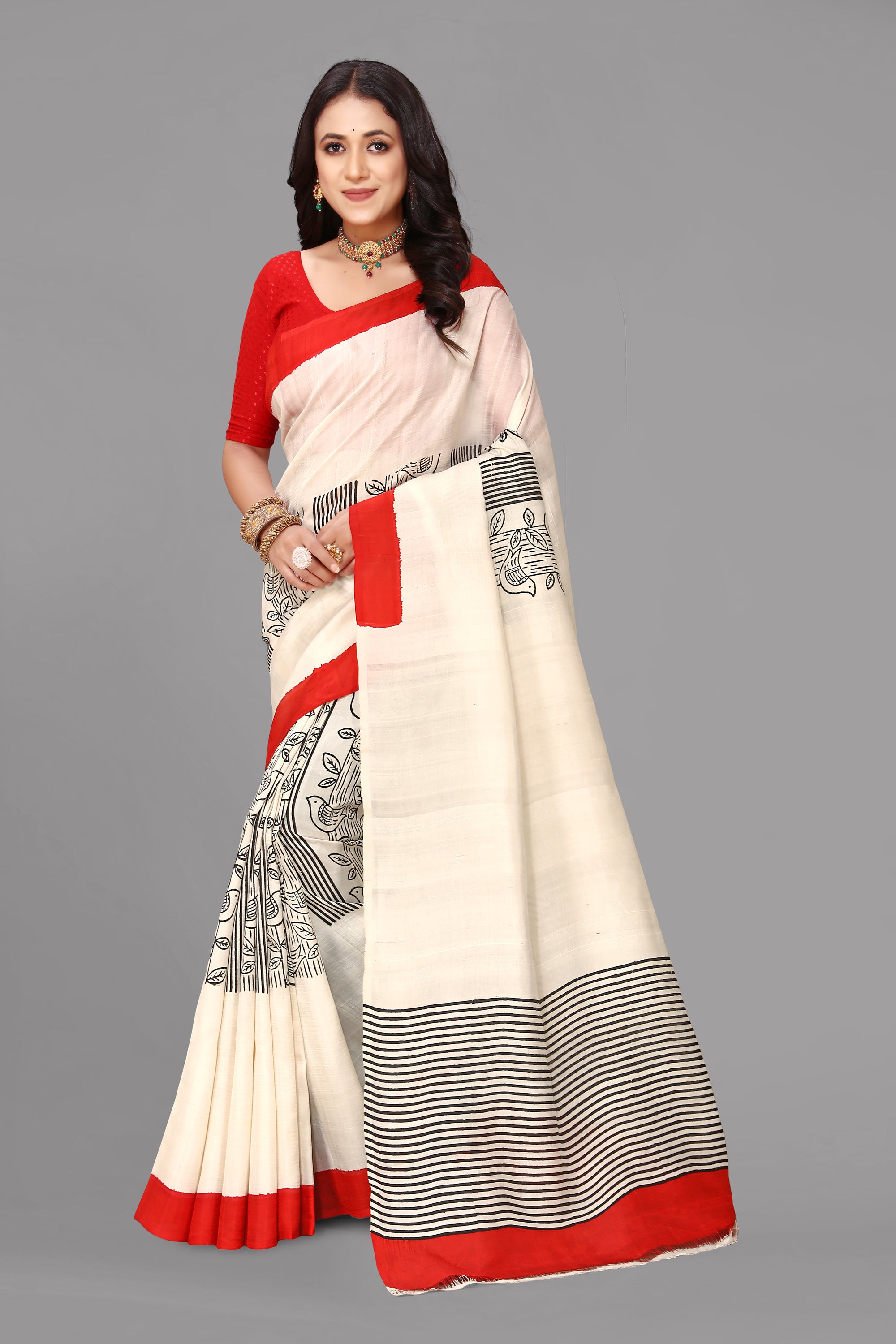 Cream by red printed silk saree