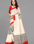 Cream by red printed silk saree