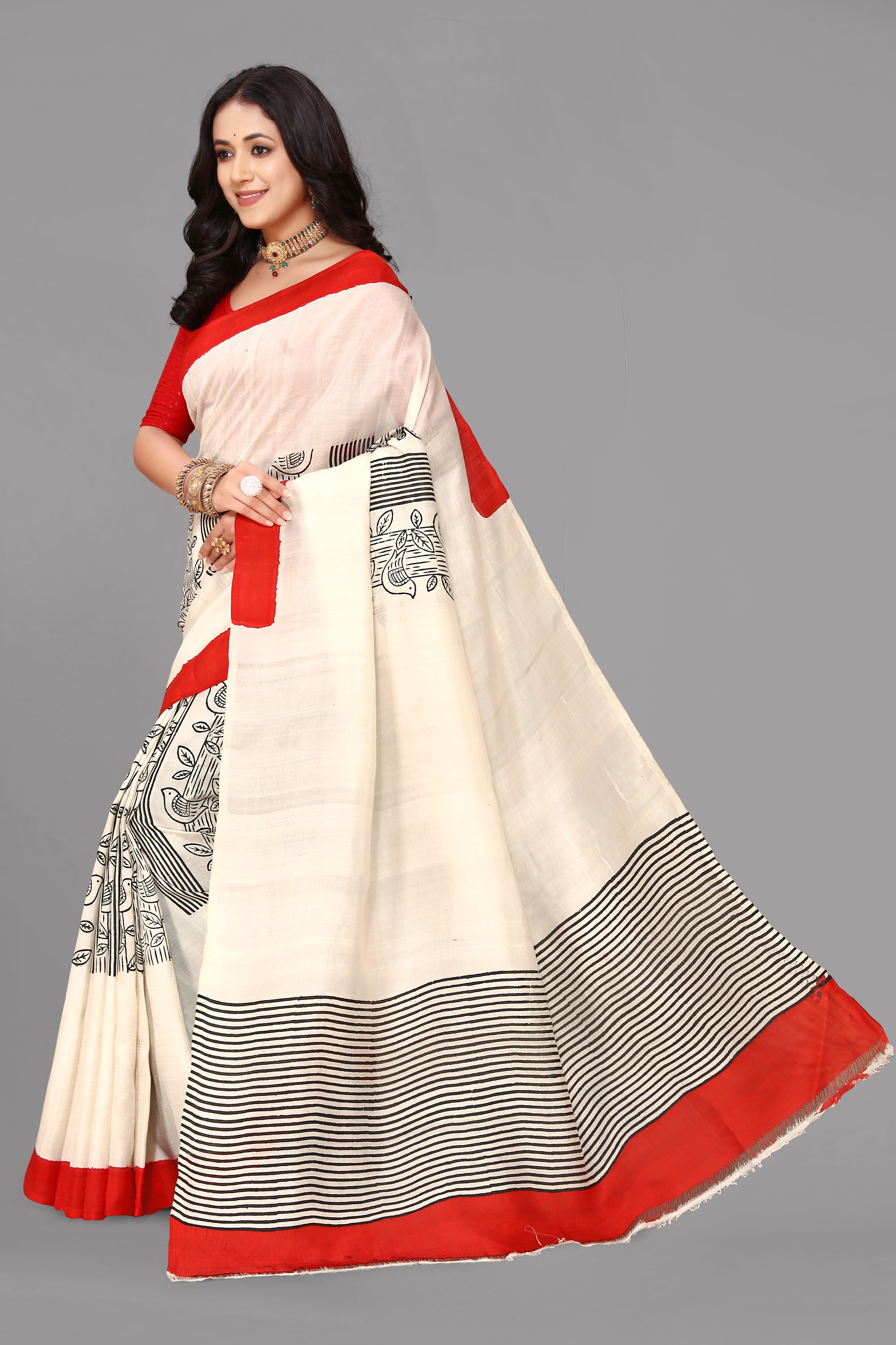 Cream by red printed silk saree