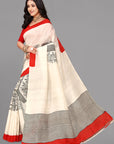 Cream by red printed silk saree