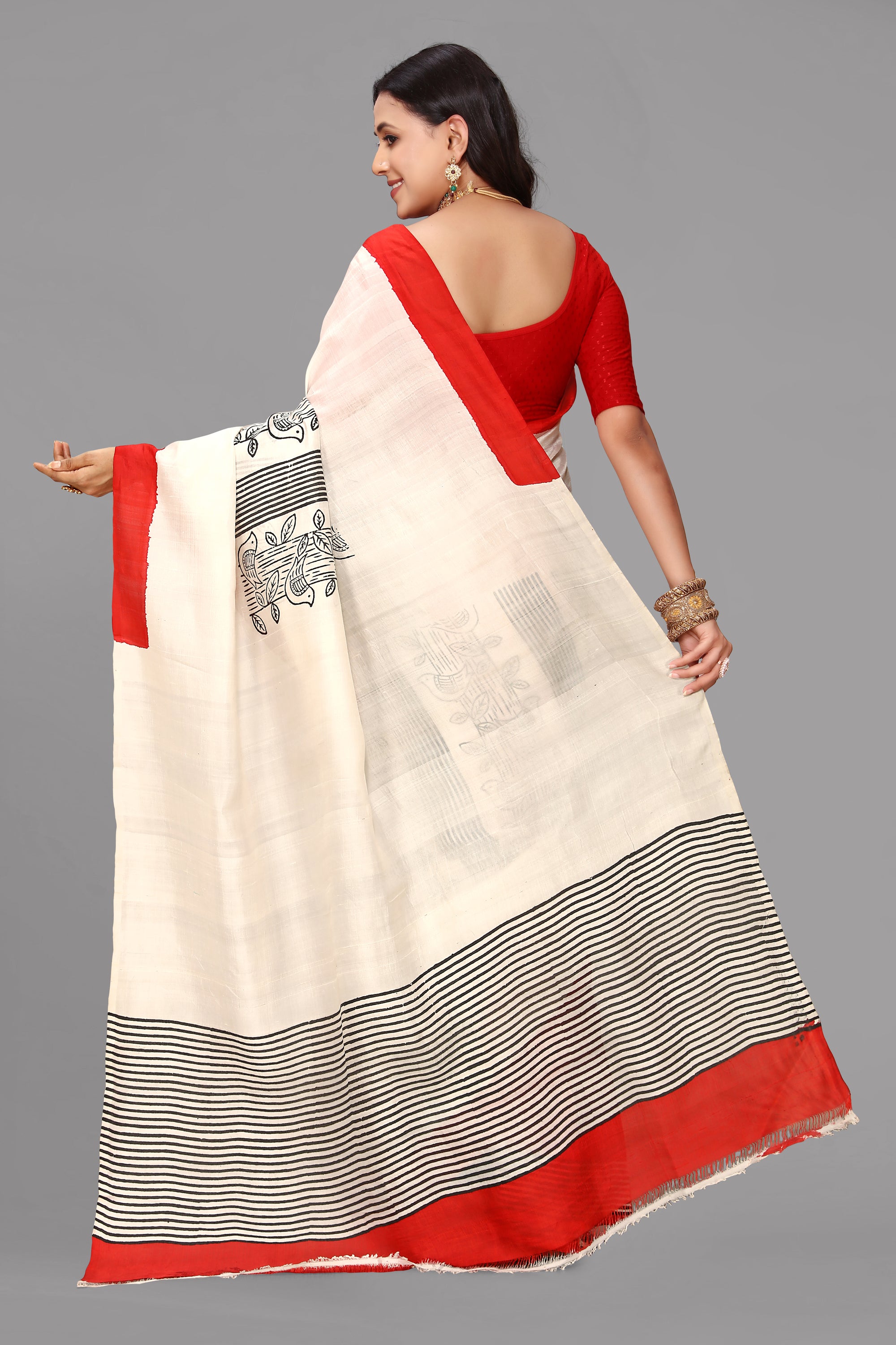 Cream by red printed silk saree