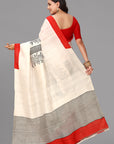 Cream by red printed silk saree