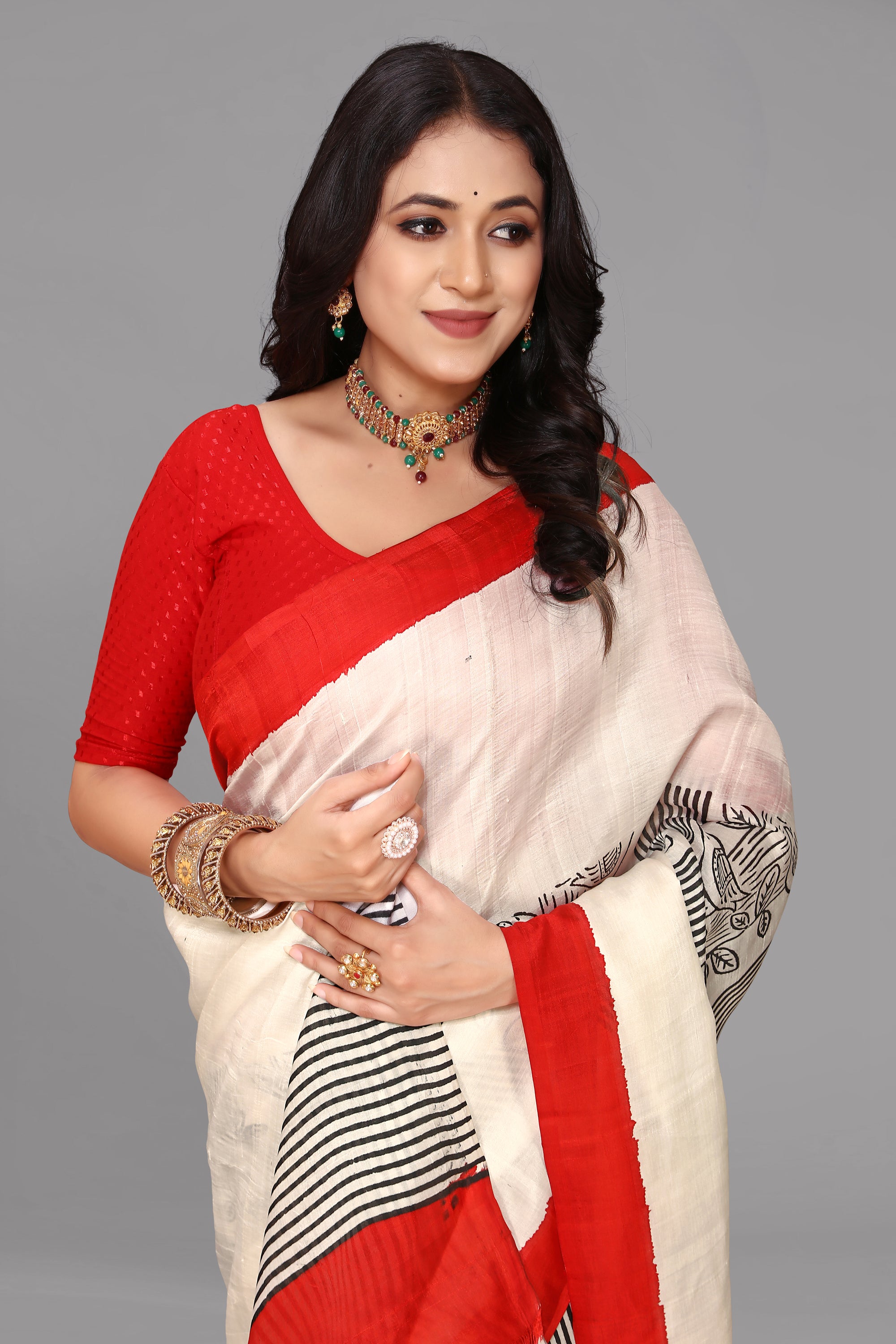 Cream by red printed silk saree