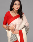Cream by red printed silk saree