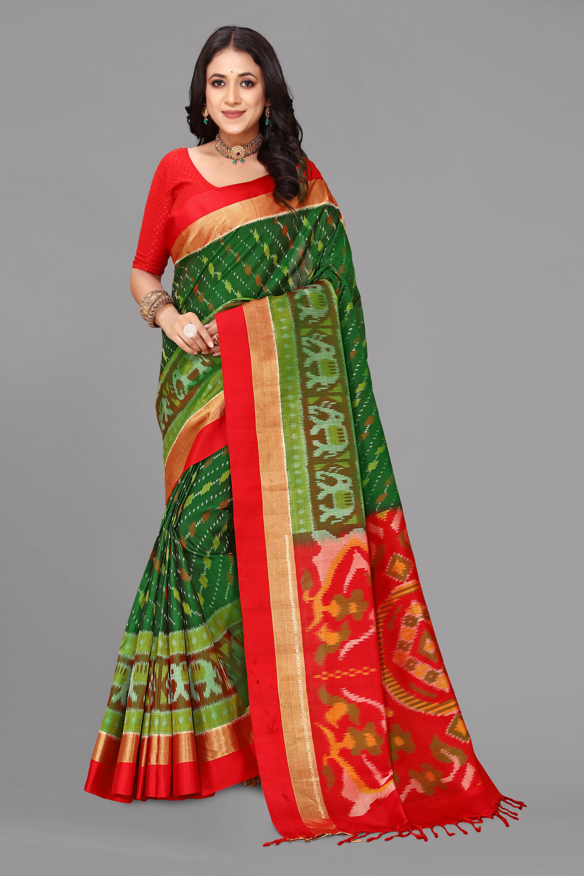 Green ikat soft silk saree