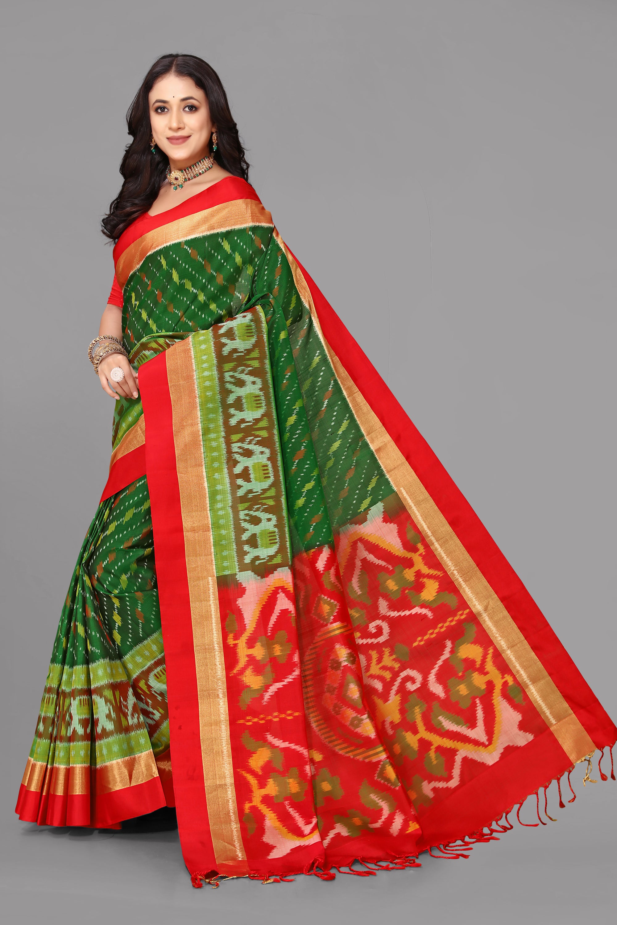 Green ikat soft silk saree