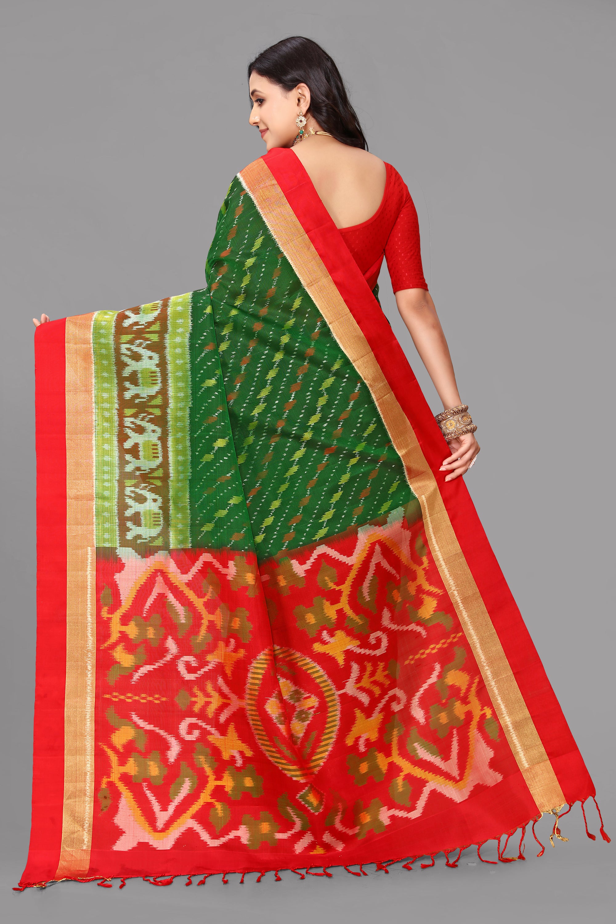 Green ikat soft silk saree