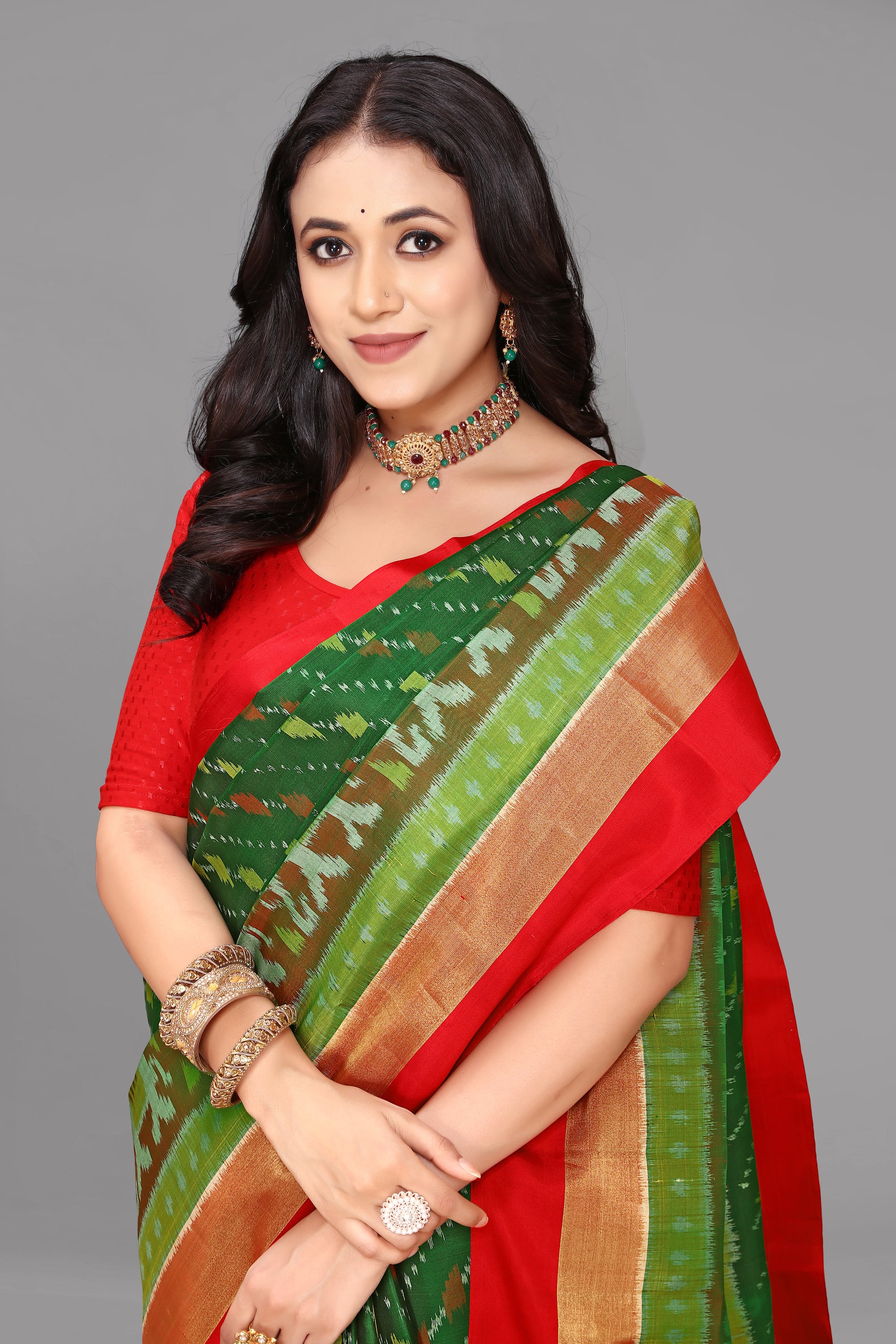 Green ikat soft silk saree