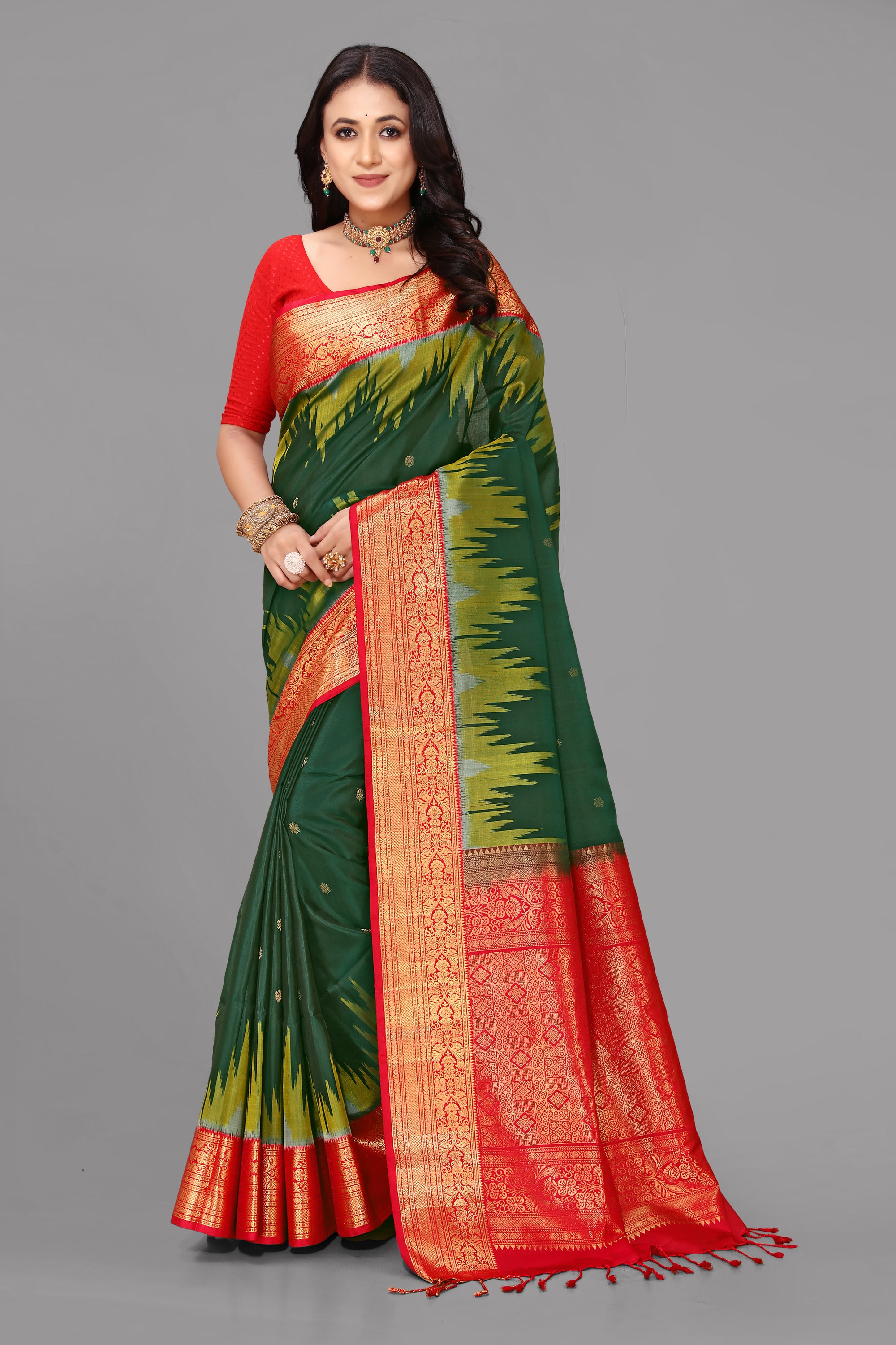 Bottle green soft silk saree