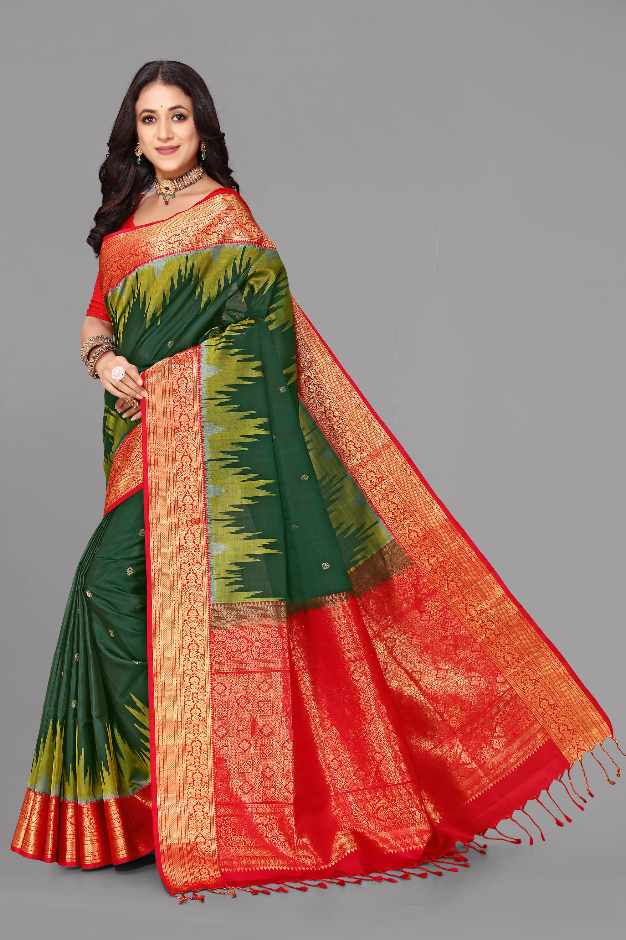 Bottle green soft silk saree