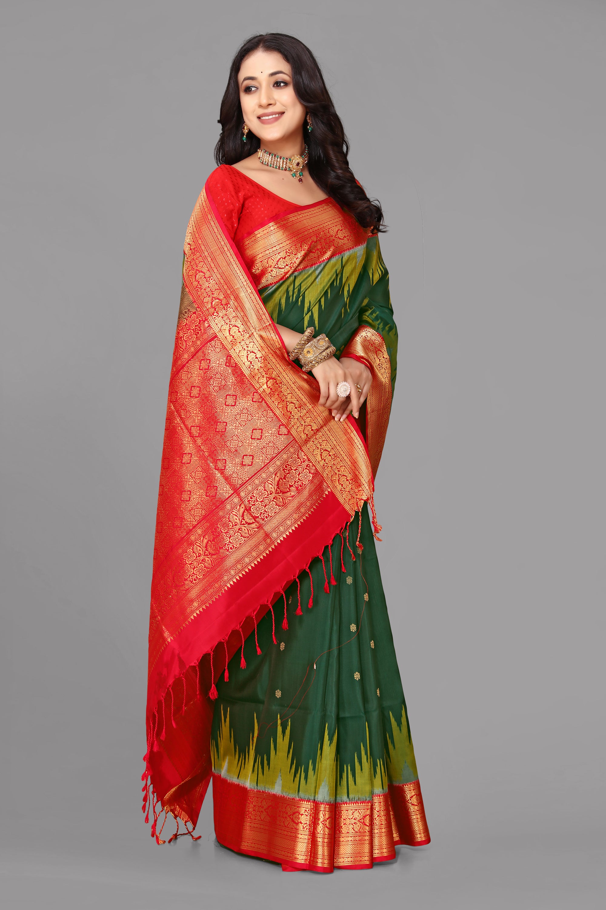 Bottle green soft silk saree
