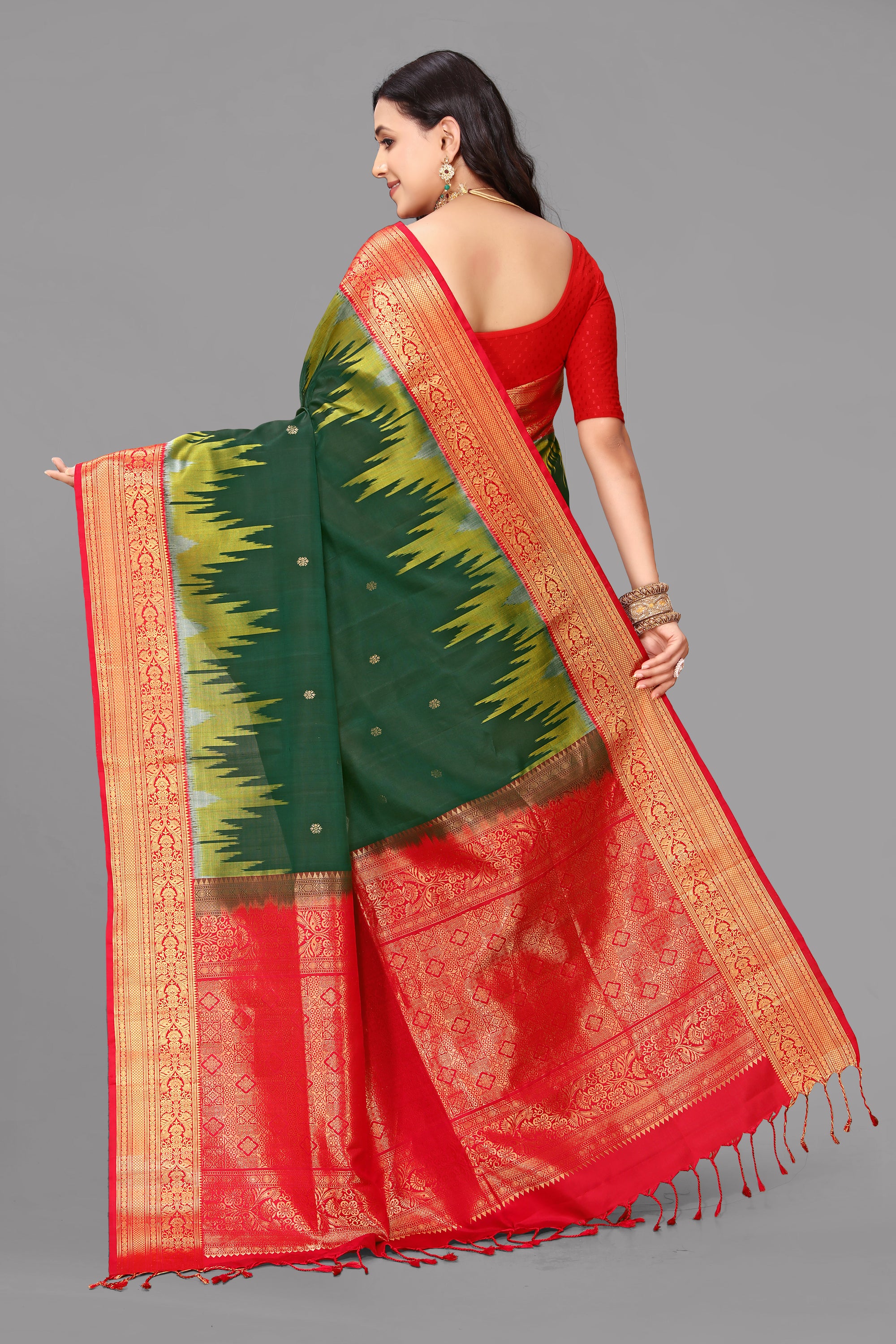 Bottle green soft silk saree