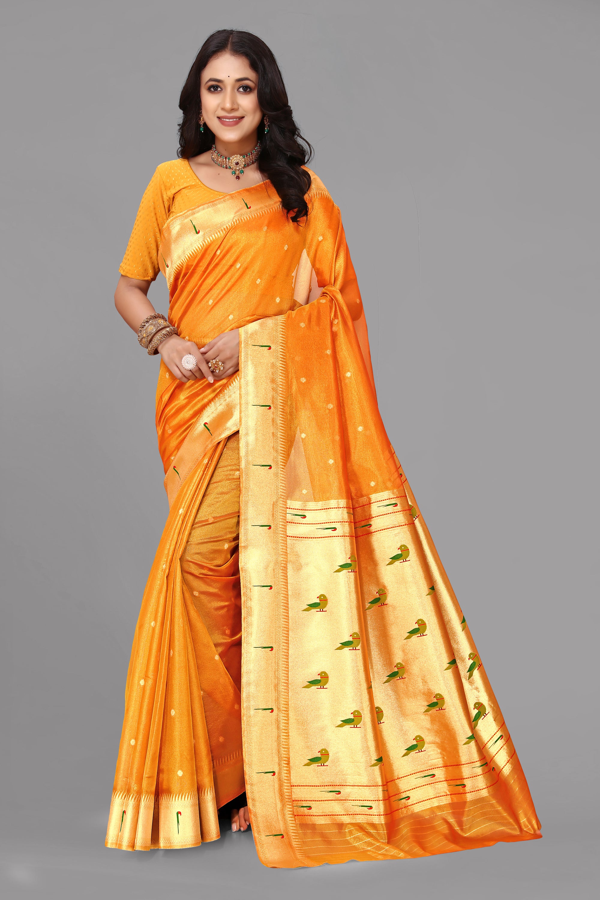 Orangish yellow organza paithani saree