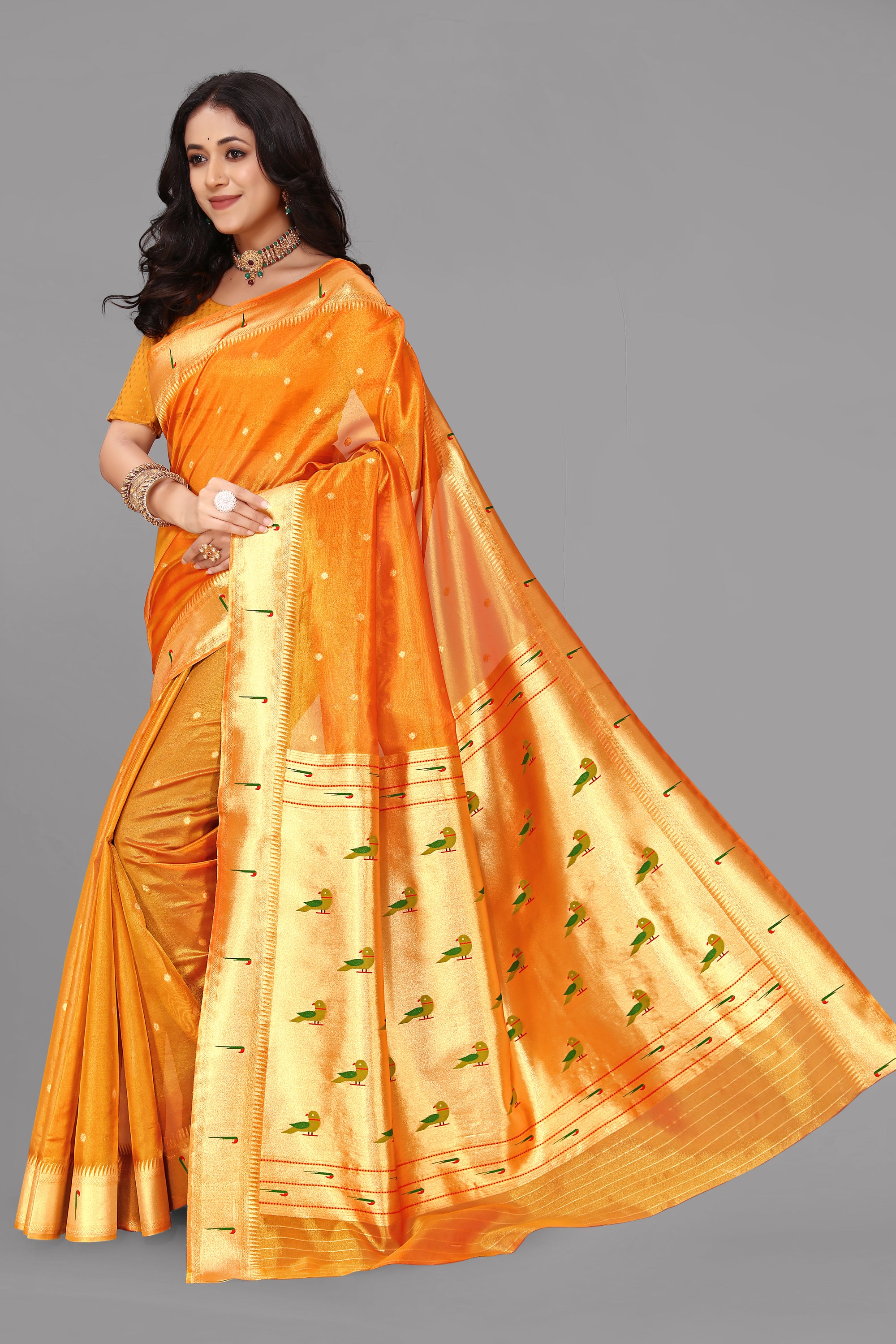 Orangish yellow organza paithani saree