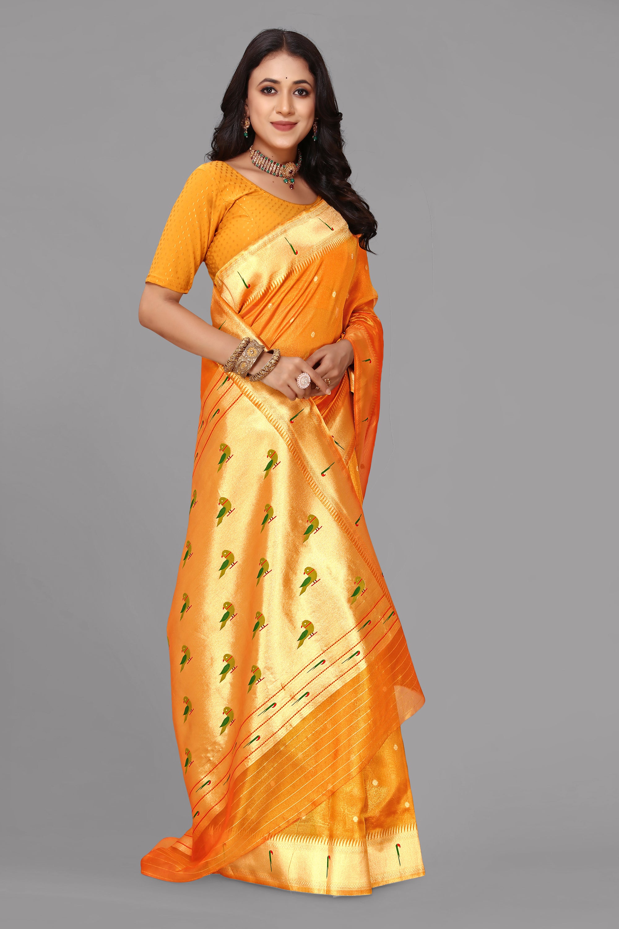 Orangish yellow organza paithani saree