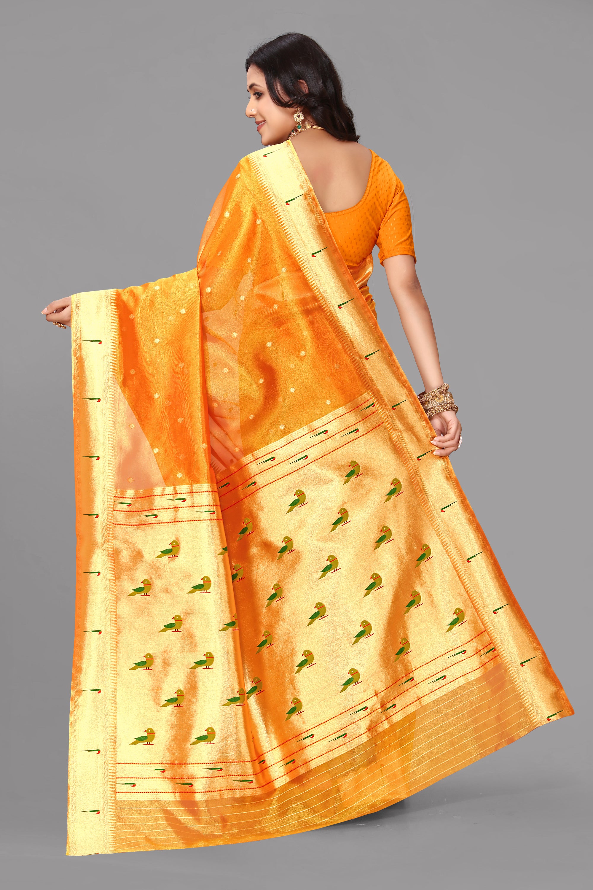 Orangish yellow organza paithani saree