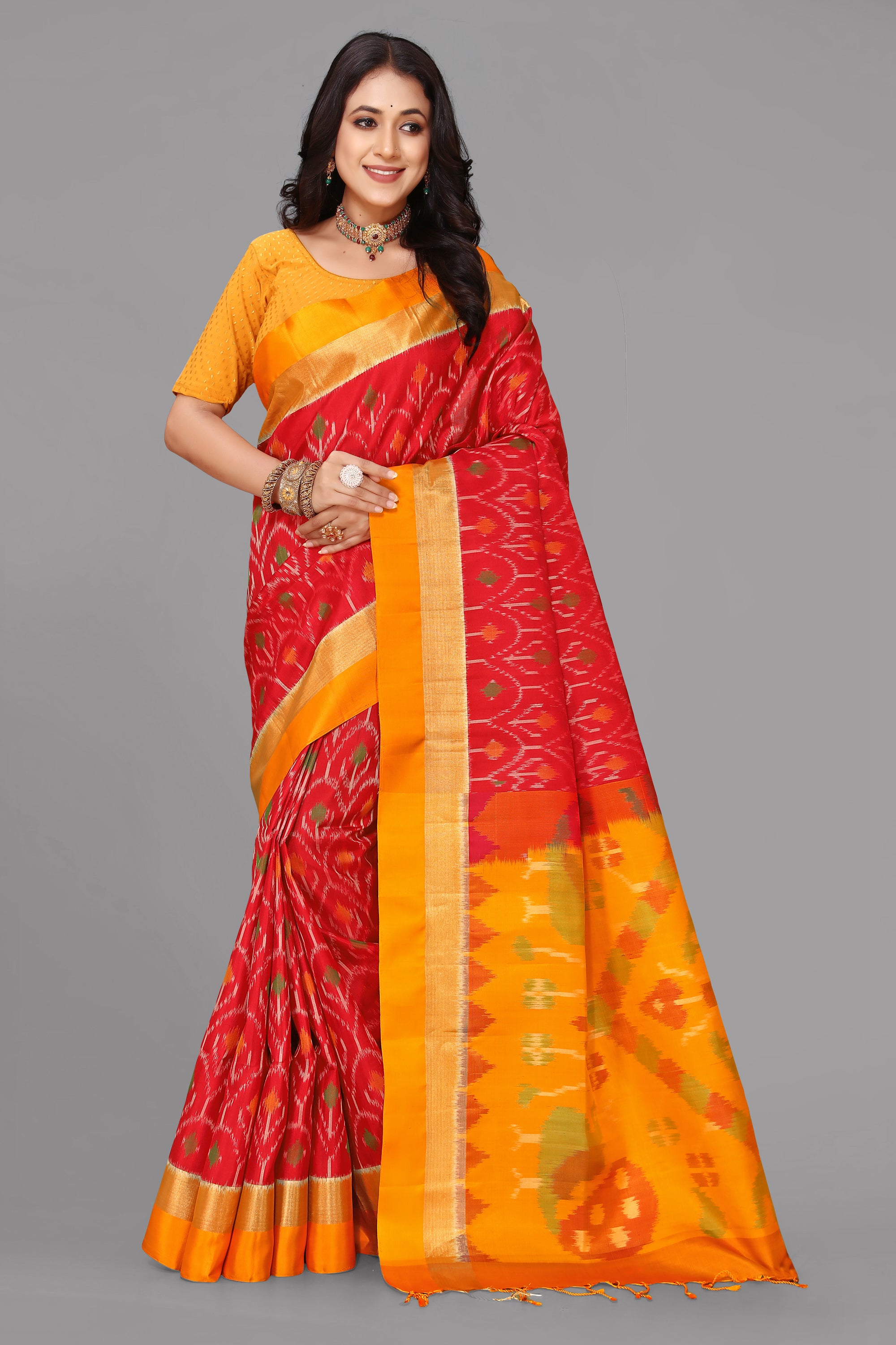 Red ikat soft silk saree