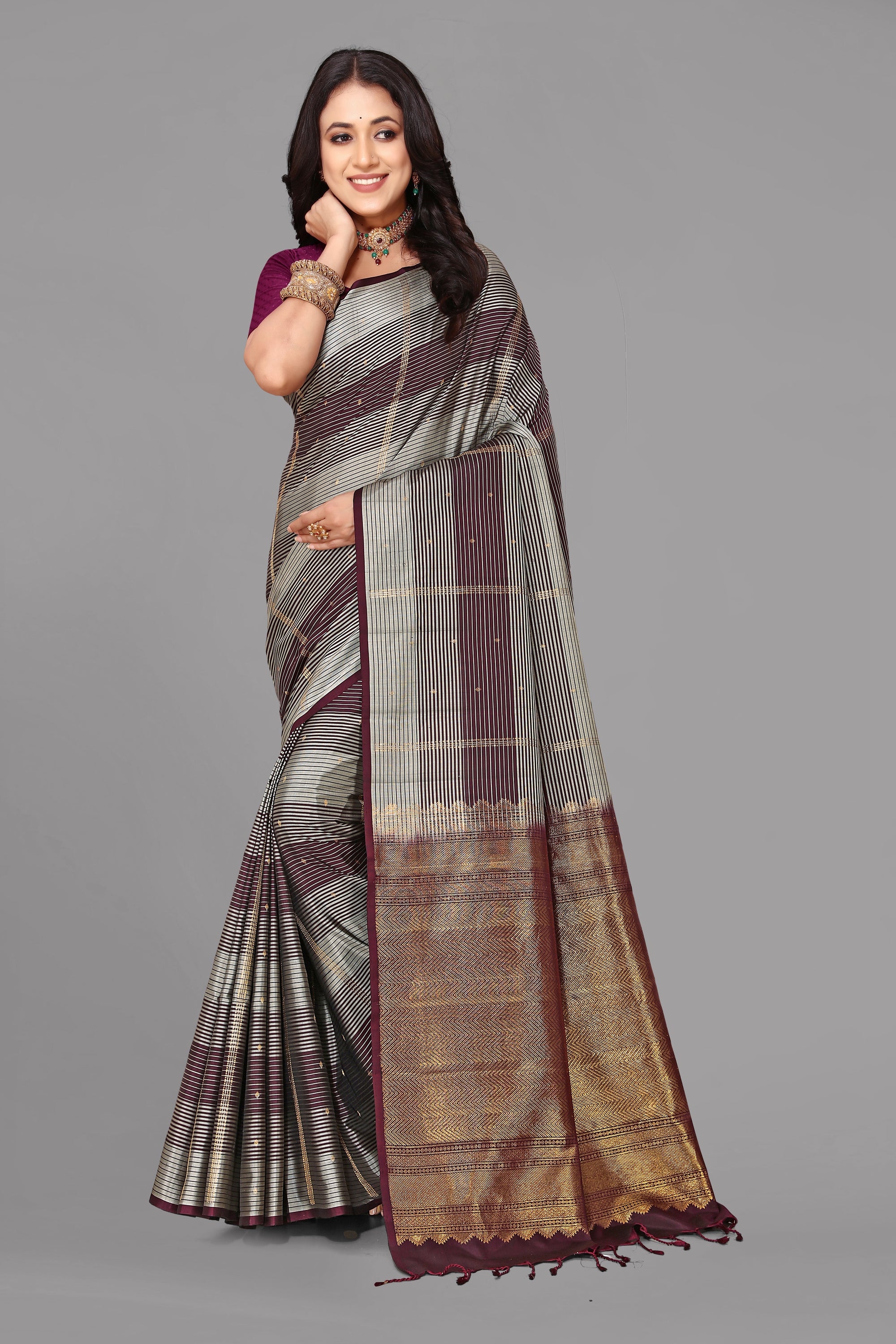 Brown border less soft silk saree