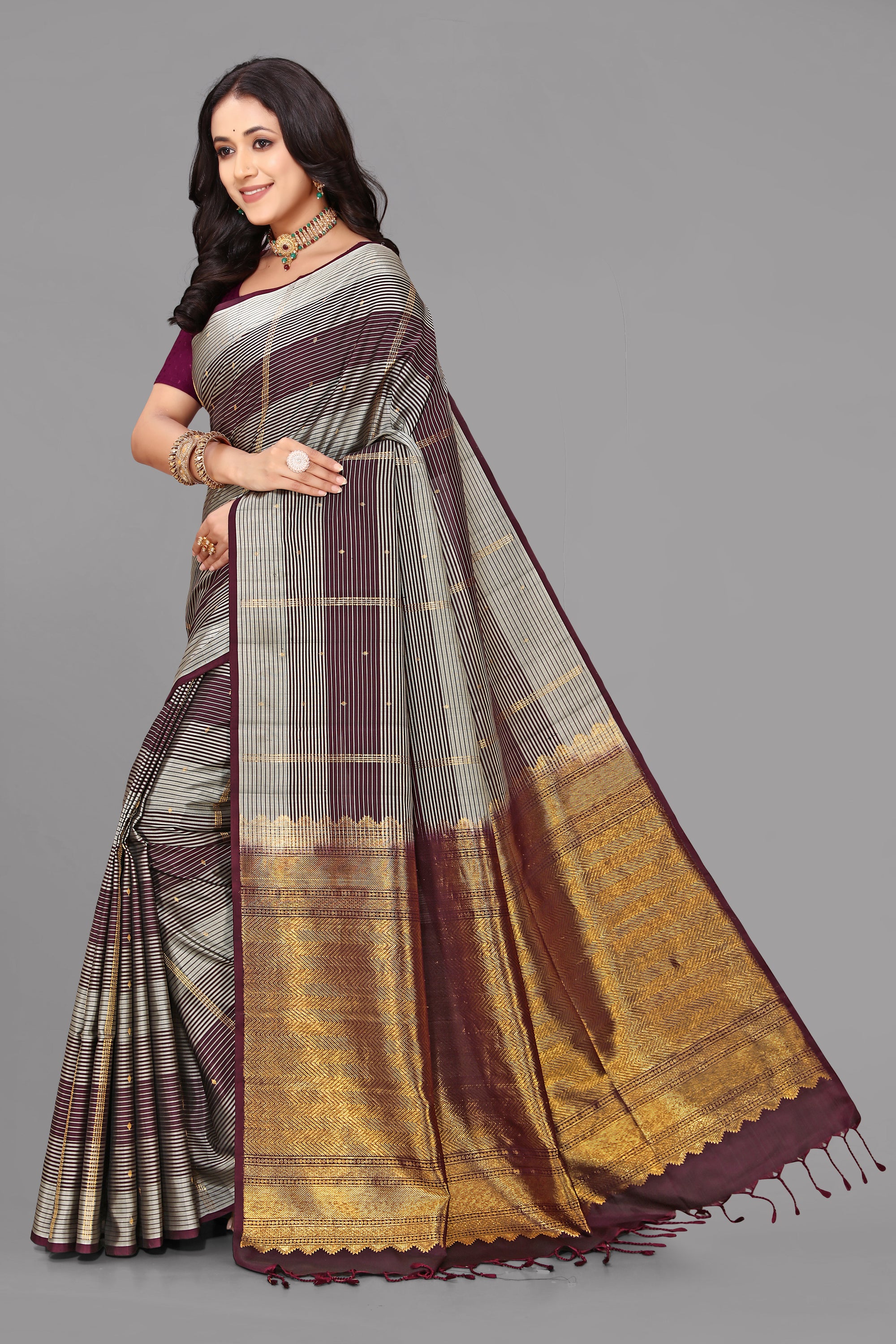 Brown border less soft silk saree