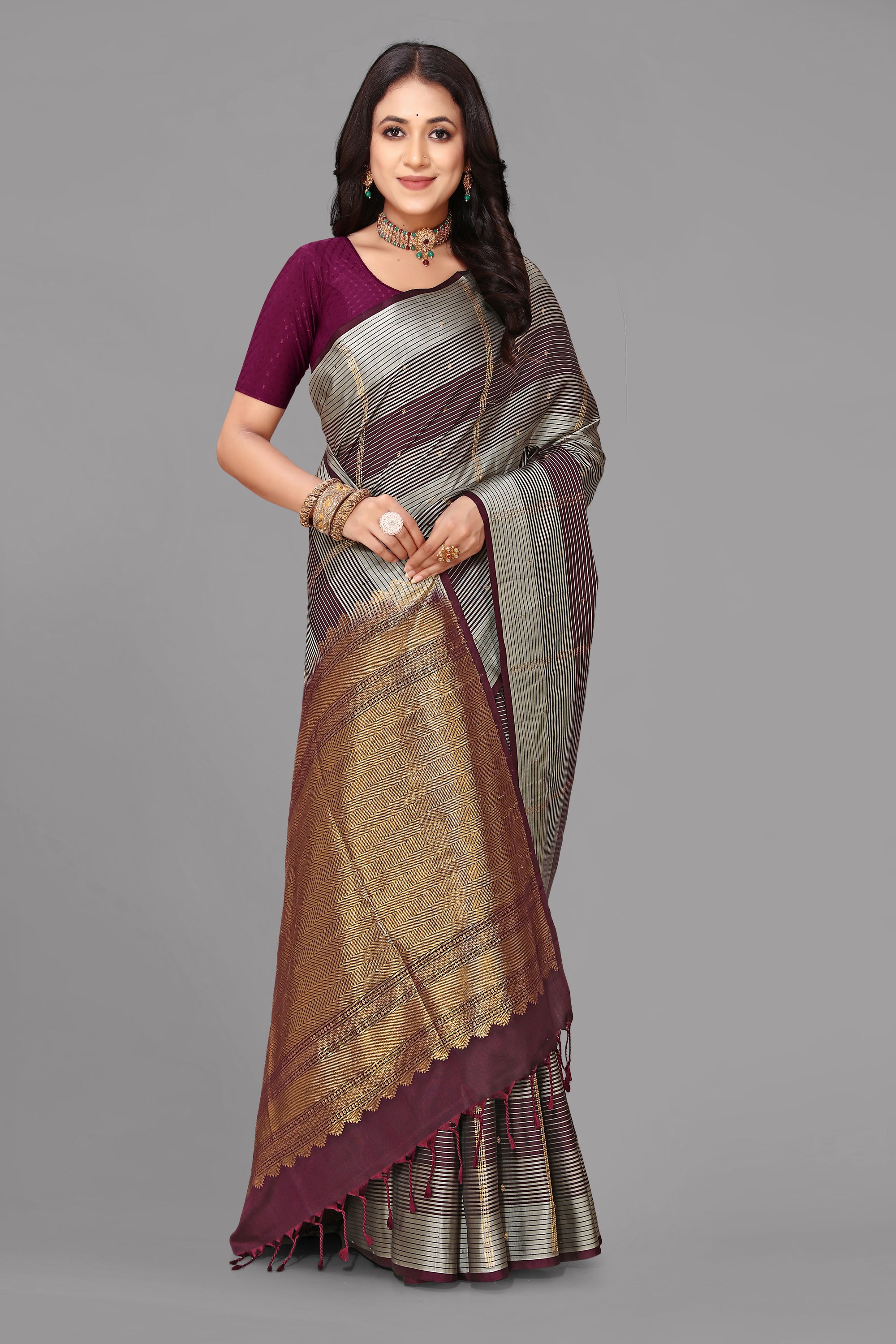 Brown border less soft silk saree