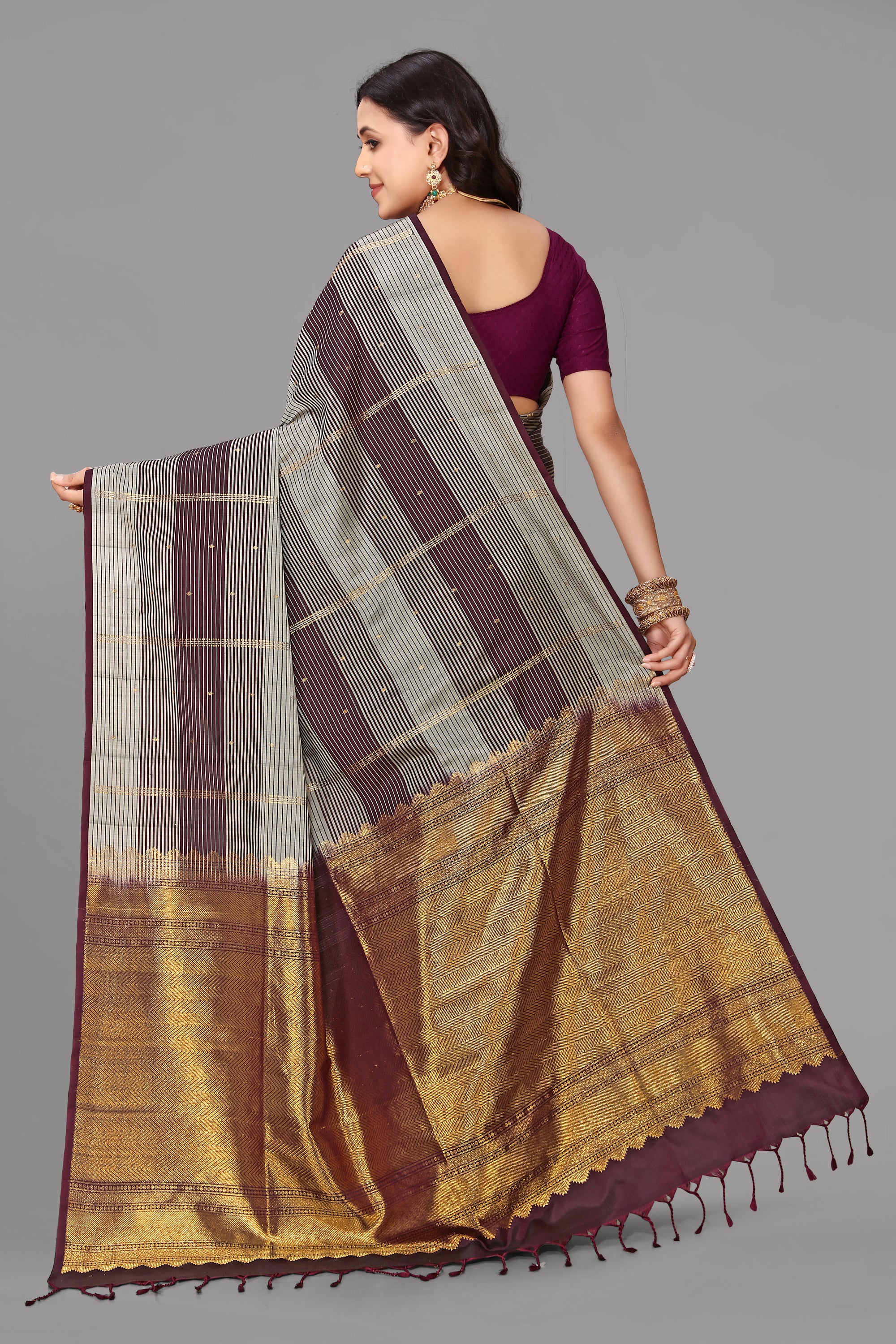 Brown border less soft silk saree