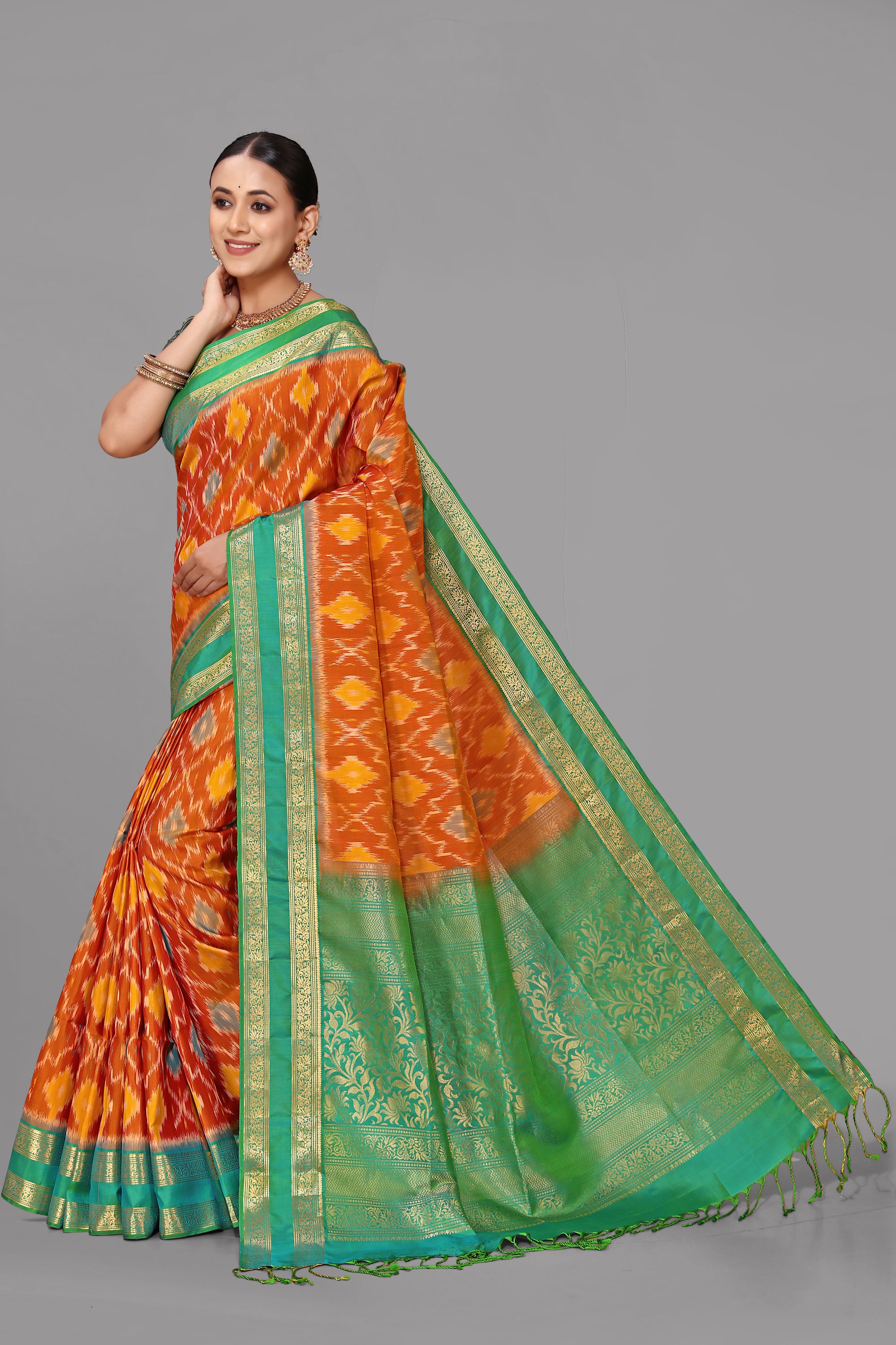 Rust ikat soft silk saree