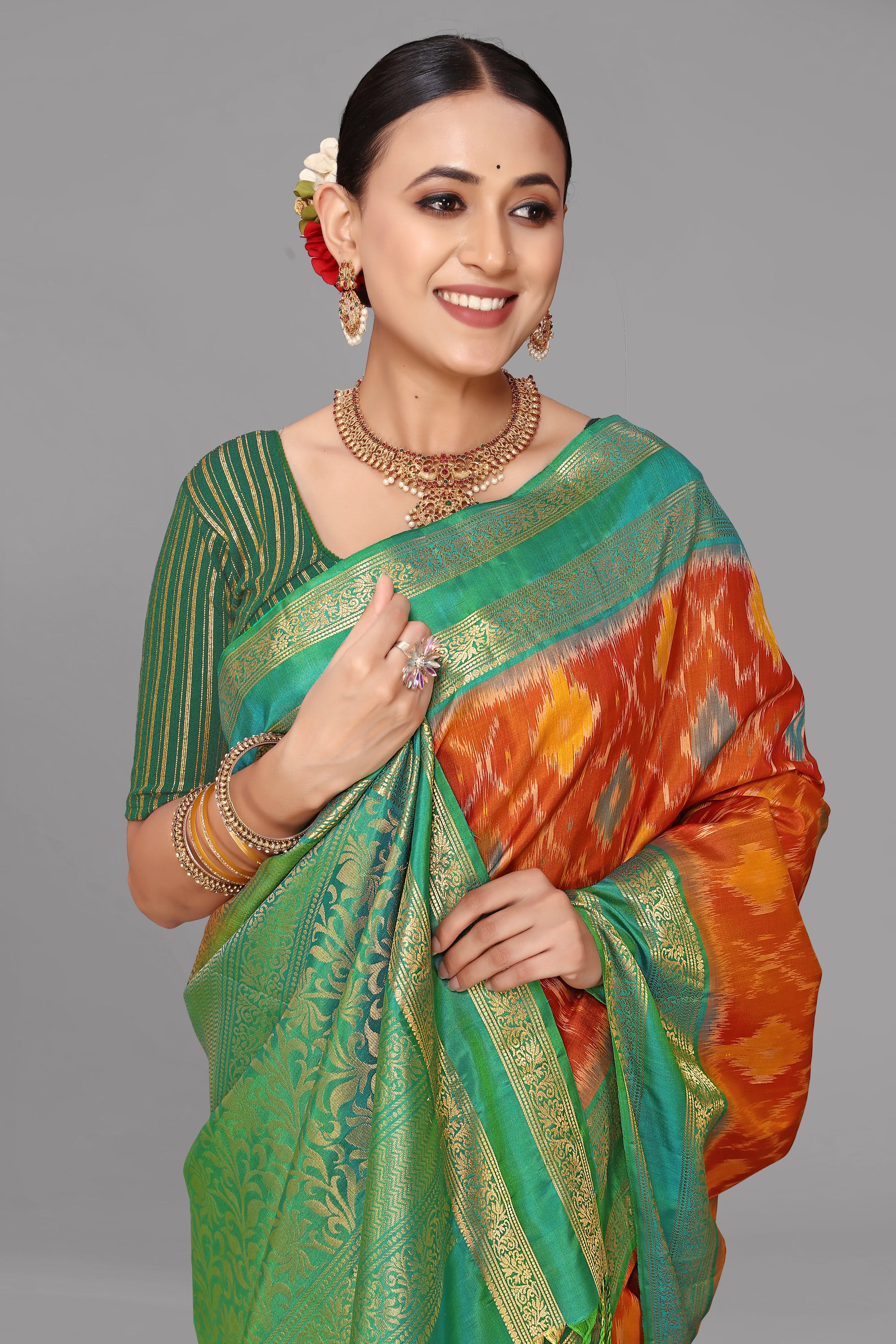 Rust ikat soft silk saree